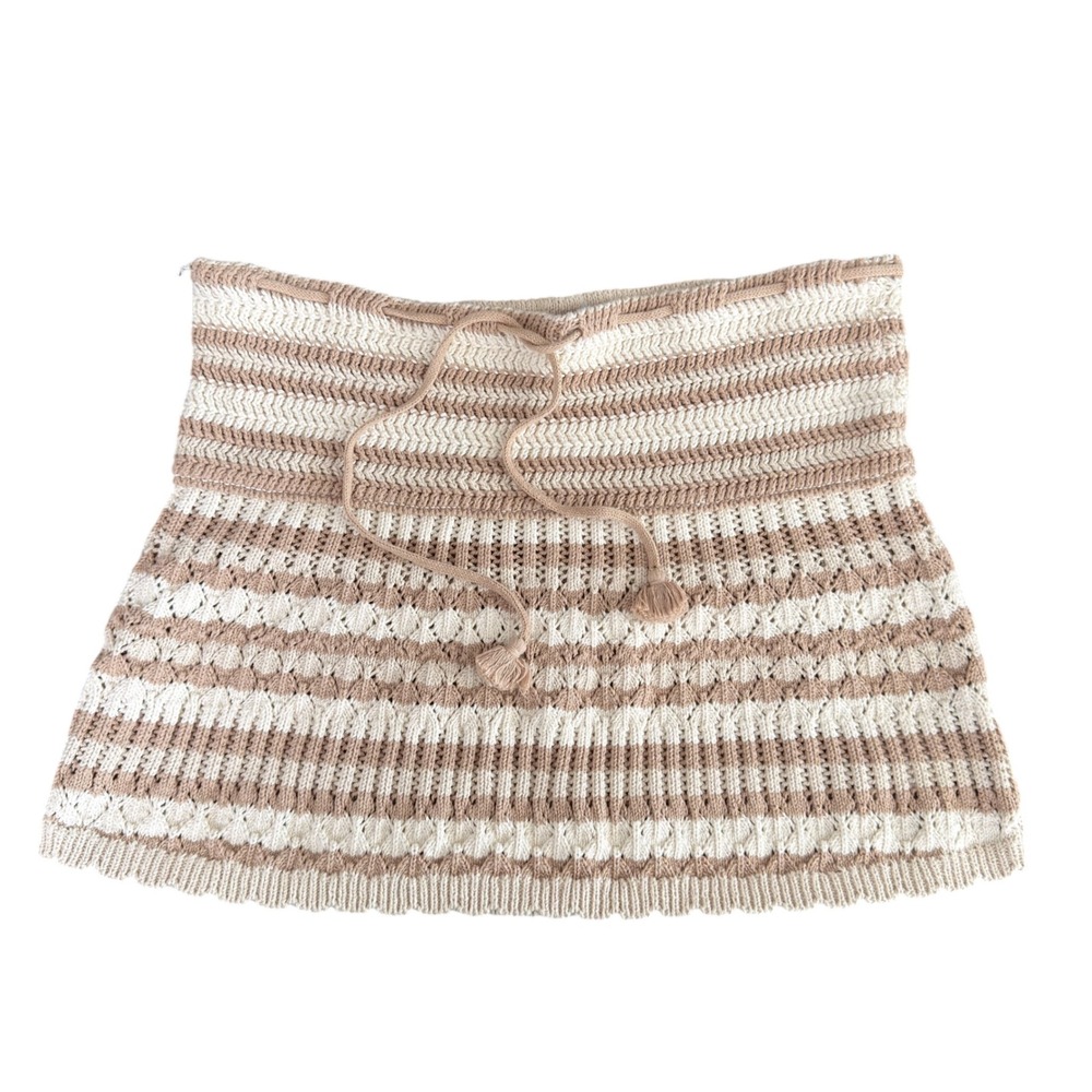 Free People Beach Mini Skirt M Tan Cream Crochet Boho Tassels Coastal Y2K